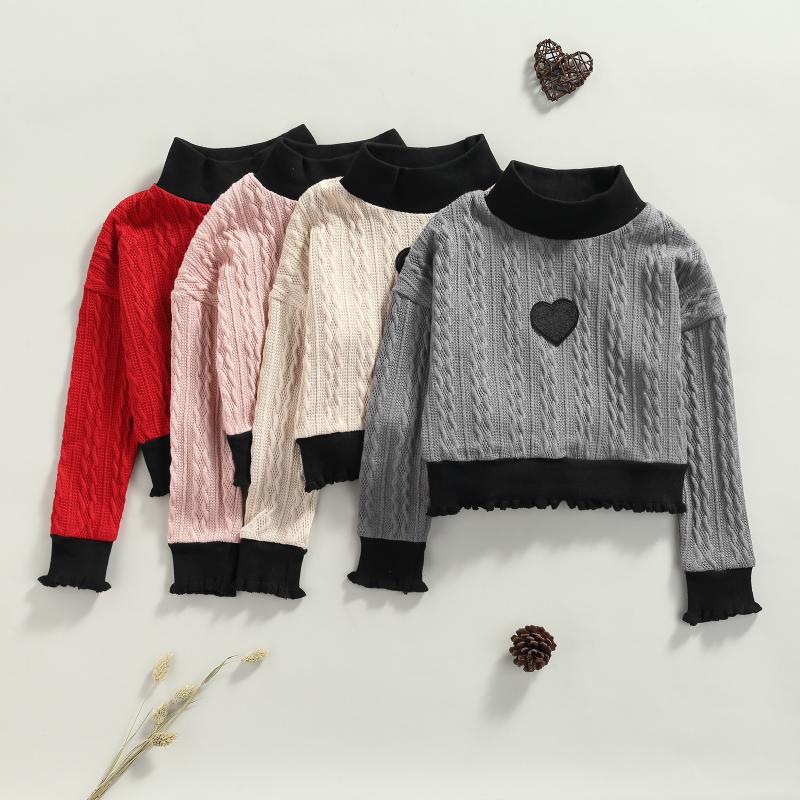 

Pullover 4-9Y Autumn Baby Girl Knit Sweater Fashion Long Sleeve Heart For Knitted Tops Casual Kids, Beige
