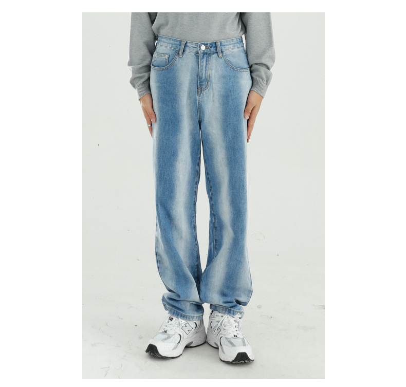 

New Male Streetwear Vintage Fashion Hip Hop Wide Leg Denim Pants Men Bleach Gradient Casual Loose Straight Jeans Trousers, Blue