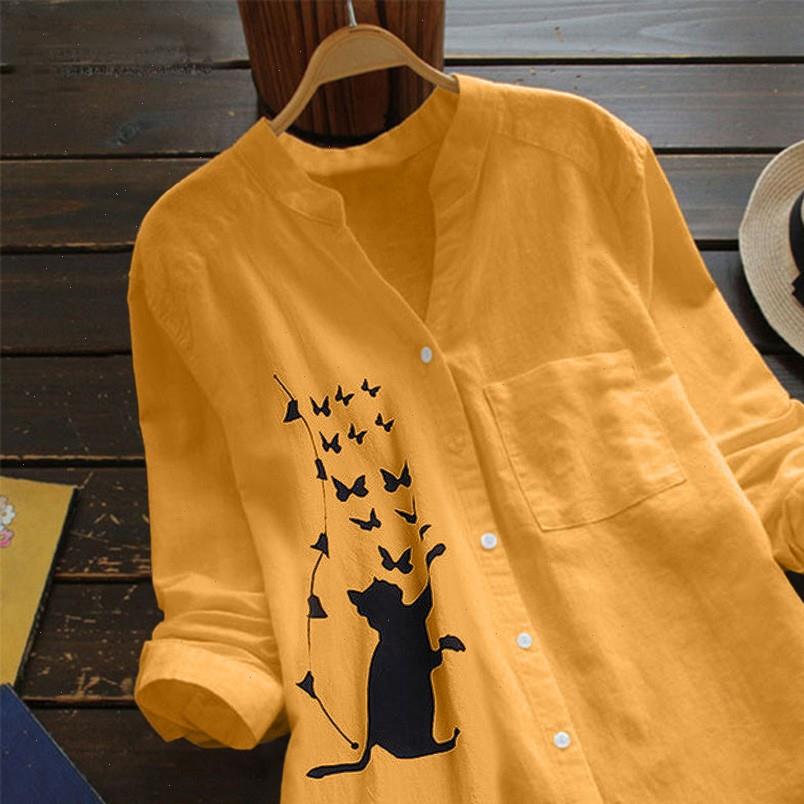 

cat printed women shirts blouse cotton linen long sleeve casual shirt blusa button v neck womens and blouses camisa, White