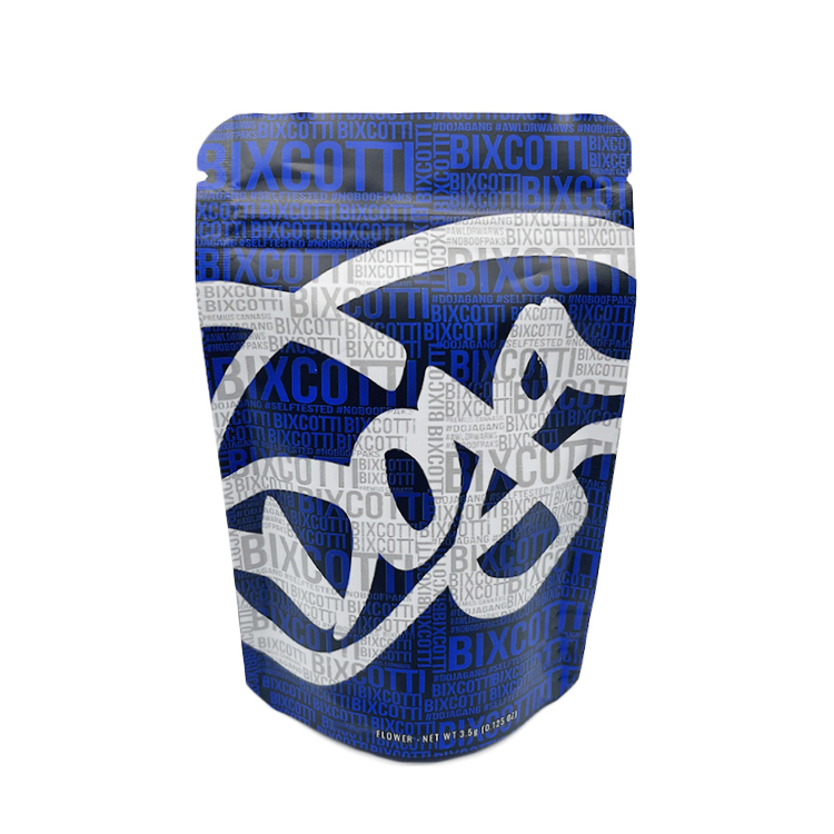

Blue Bixcotti doja 3.5g empty cookies mylar bags stand up smell proof edible zip plastic packaging bag bottom printed logo