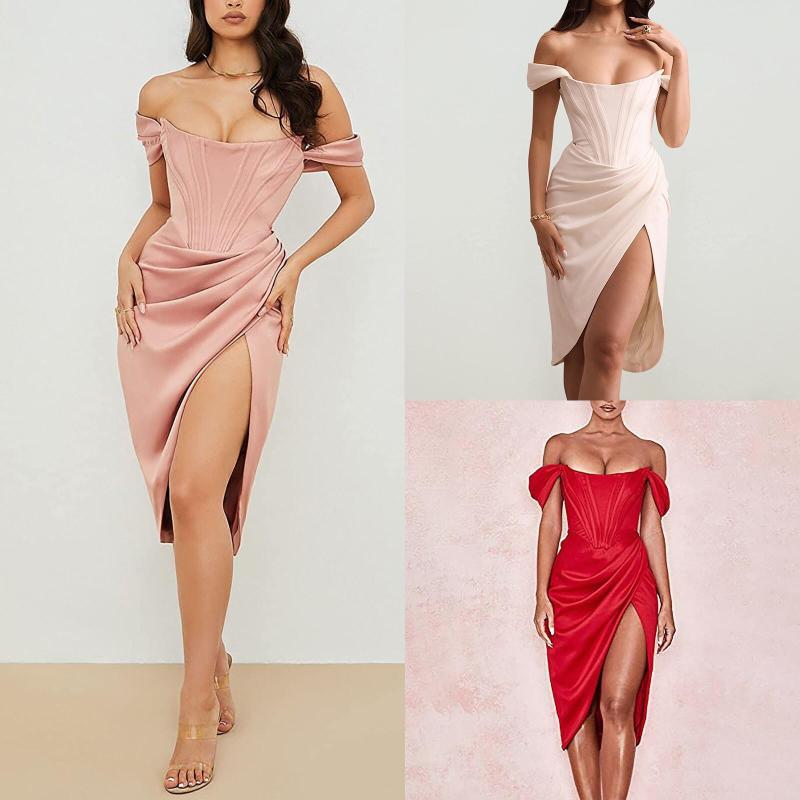 

Casual Dresses Elegant Dress For Women Off Shoulder Push Up Midi Tube With High Slit Cocktail Wedding Guest Birthday Club Party, Wh