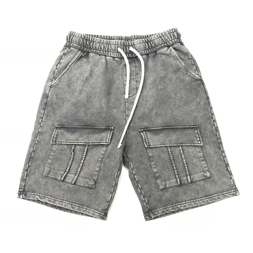 

Washed Black Terry Sweat Shorts Flap Pocket Elastic Waist Jogger Streetwear