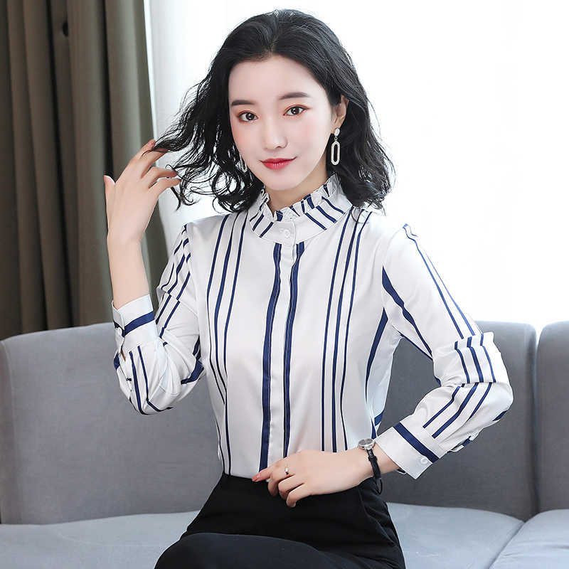 

Korean Silk Shirt Satin Print Blouse Woman Striped Tops Plus Size Long Sleeve  210604, Stripe