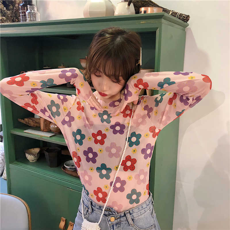 

Summer mesh Korean casual fashion flowers long sleeve sexy female tops Vintage Slim Harajuku T-shirt 210608, Gold