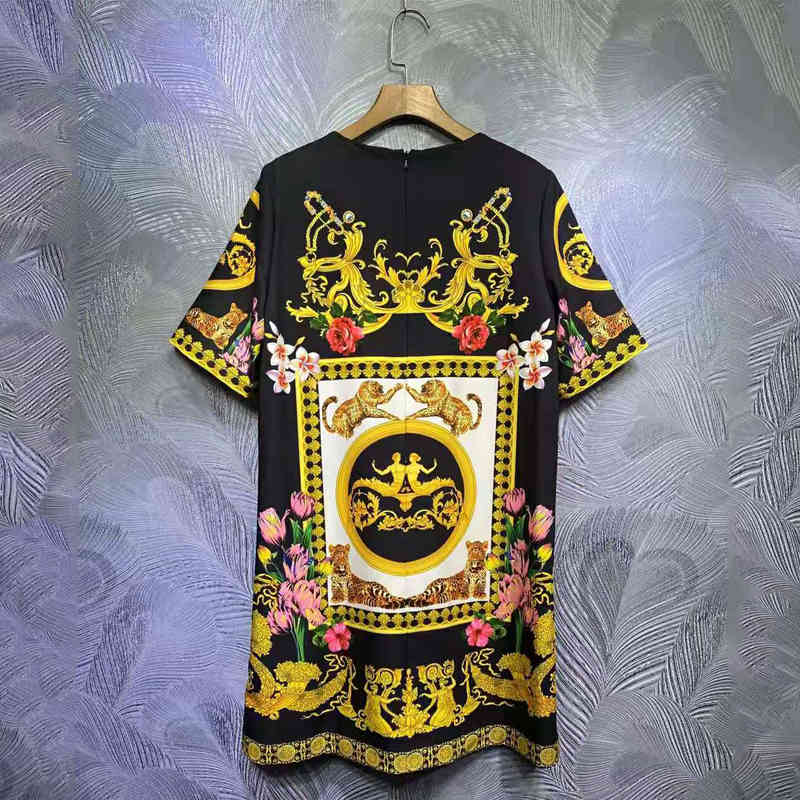 

dress Seqinyy mini from vintage 2021 spring summer female fashion design track golden flowers black printing luxury beads, Blue