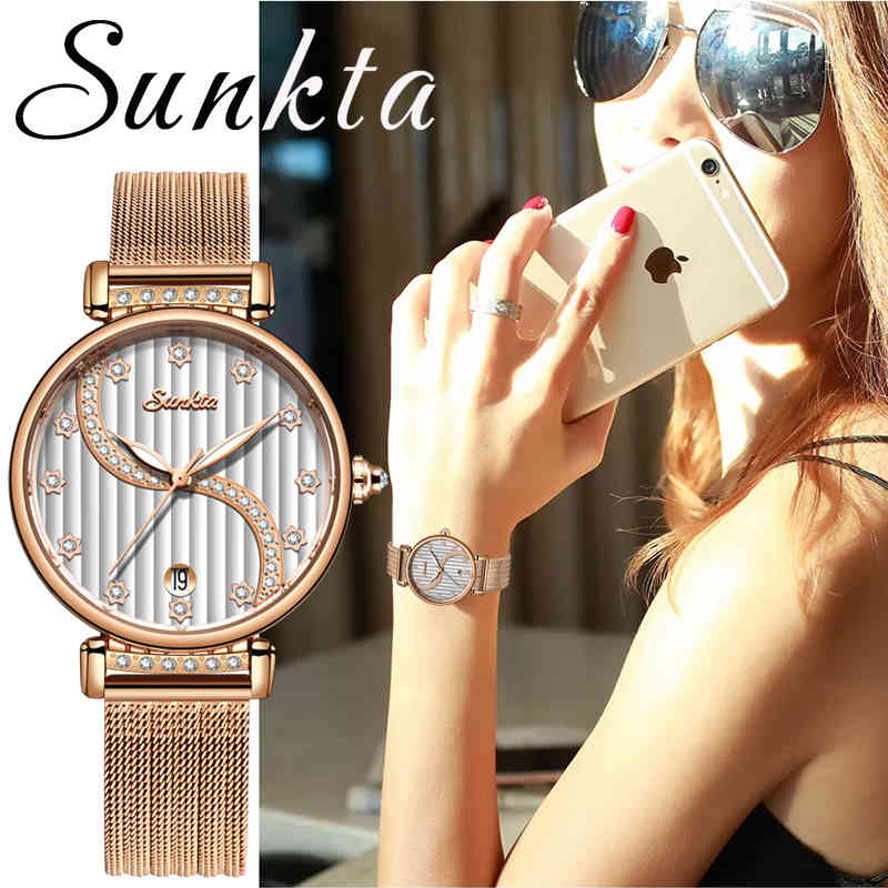 

SUNKTA Women Luxury Brand Watch Simple Quartz Lady Waterproof Wrist Watch Female Fashion Casual Watches Clock reloj mujer 210517, Rose gold blue