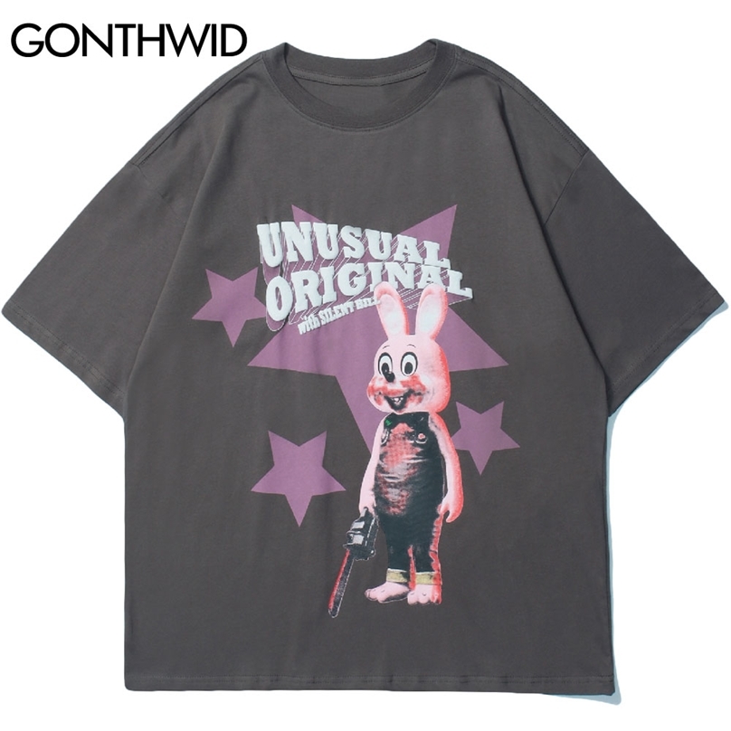 

Tshirts Streetwear Chainsaw Rabbit Print Punk Rock Gothic T-Shirt Hip Hop Casual Harajuku Short Sleeve Cotton Tees Tops 210602, White