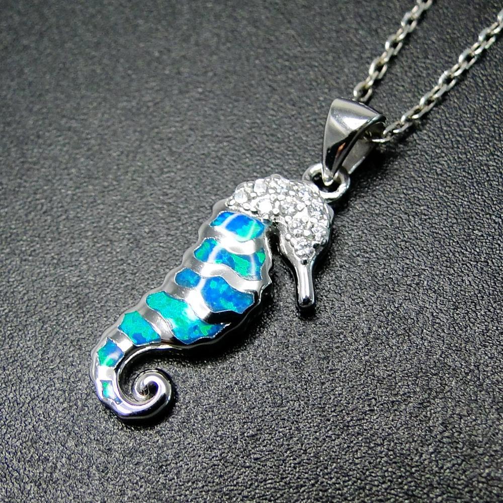 

100% Sterling Silver Sea Animals Jewelry Blue Fire Opal Seahorse Pendant Necklace for Women Gift 210524