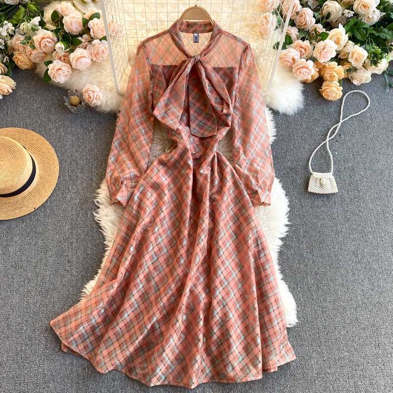 

LY VAREY LIN Spring Women Bow Puff Sleeve Dresses Sweet Plaid V-neck Tie A-line Elegant Slim Lady 210526, Watermelon red