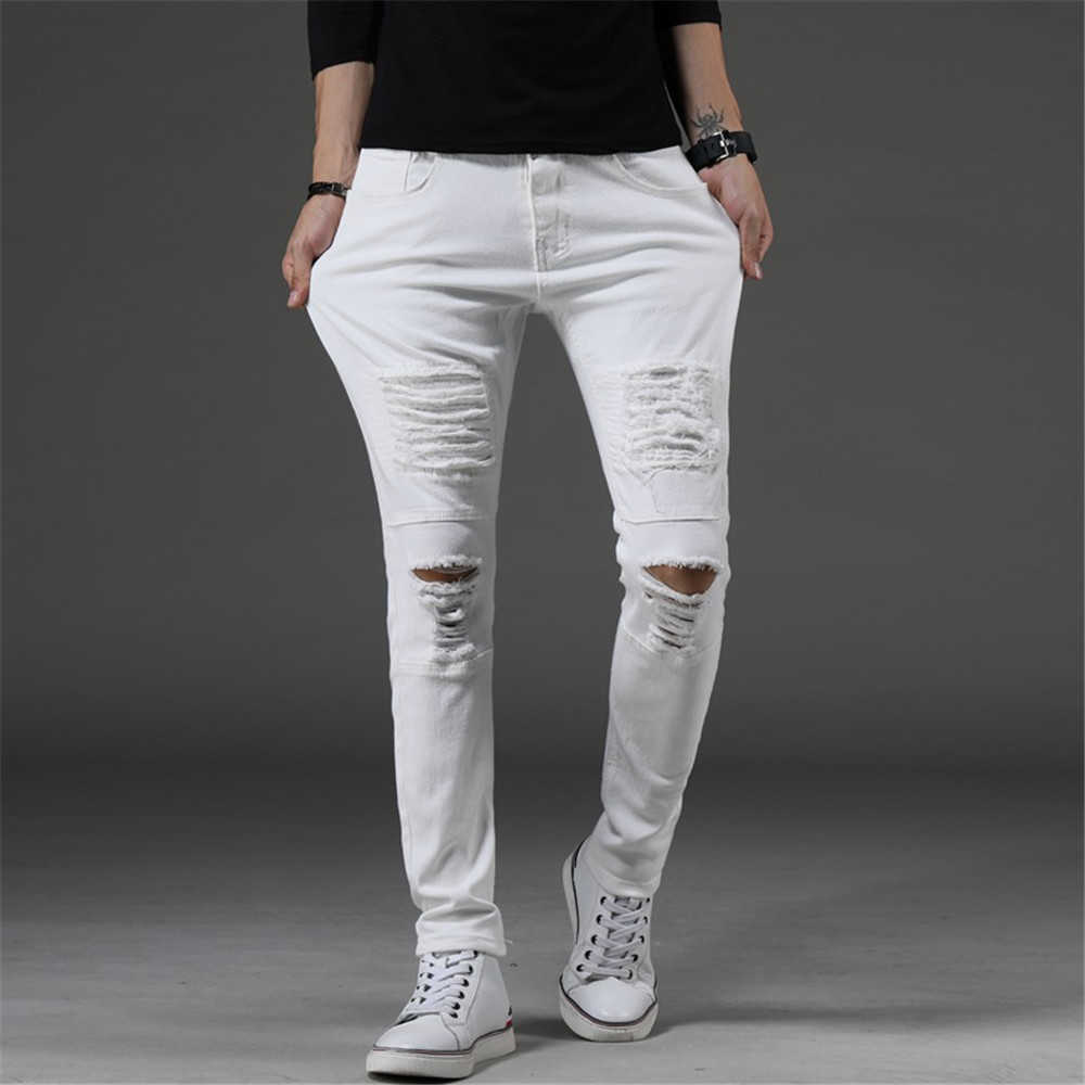 

New Style Men's Black Jeans Korean Ripped Stretch Slim Denim Trousers Male Casual Fashion High Quality Brand Pants Pencil Pants X0621, White