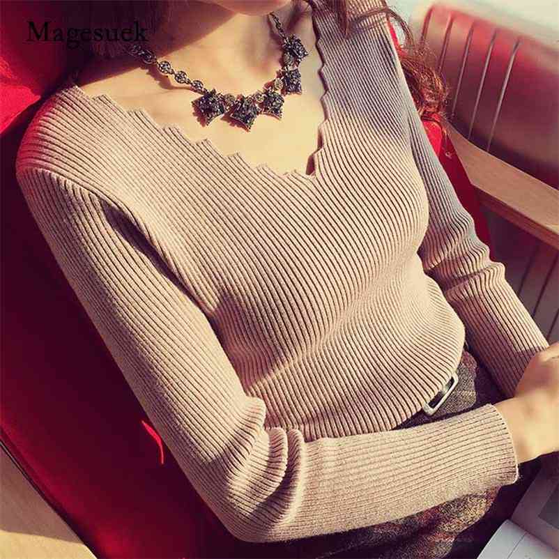 

Autumn Fashion Women V-neck Long-sleeve Knit Sweater Female Jumper Pullover Solid Basic Pull Elasticity Clothing 7113 50 210518, Brick red