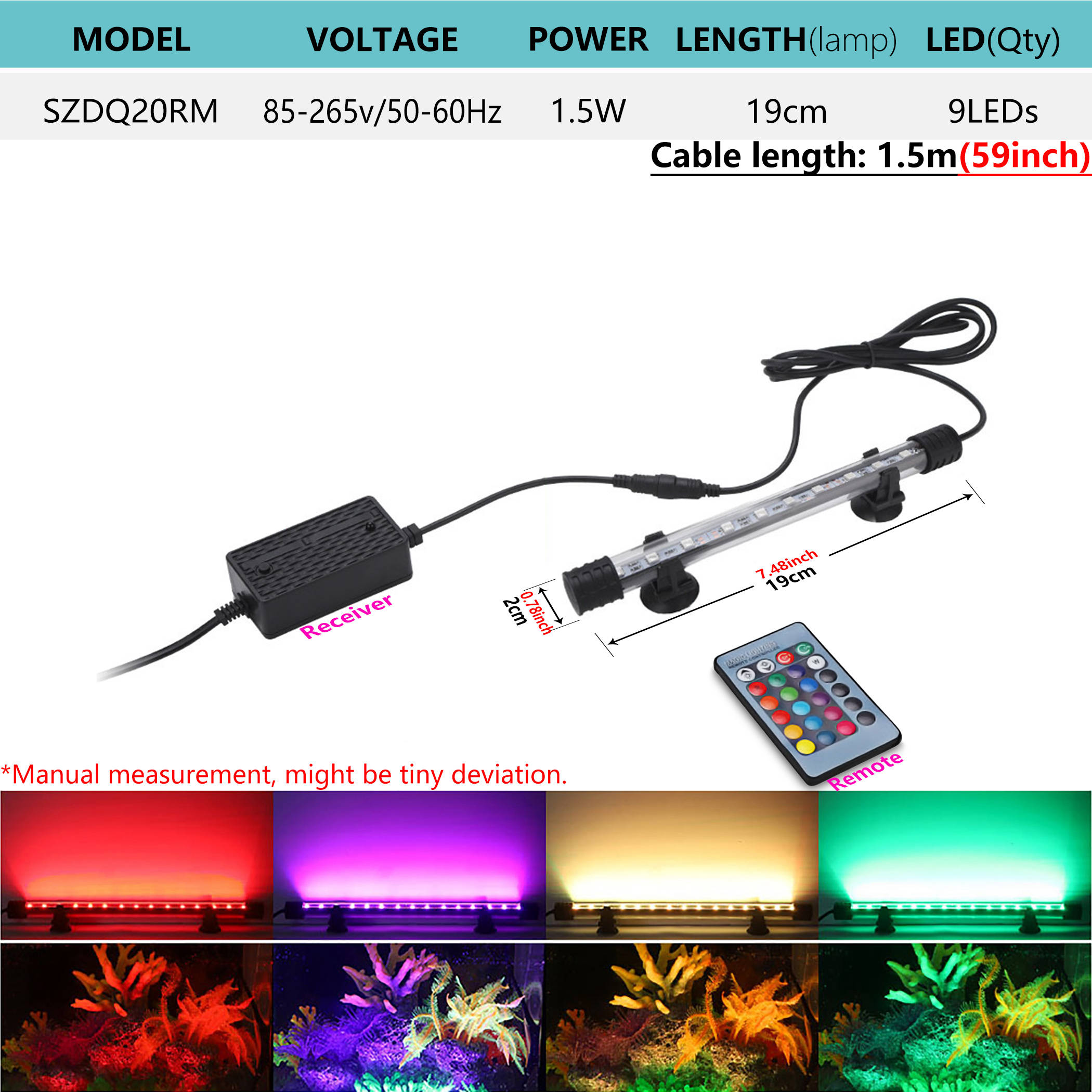 

[85-265V 1.5W, 9LEDs 7.5inch/19cm] Submersible RGB Aquarium Light Diving Lamp with Remote Control Underwater Colorful LED Bar Light for Fish Tank
