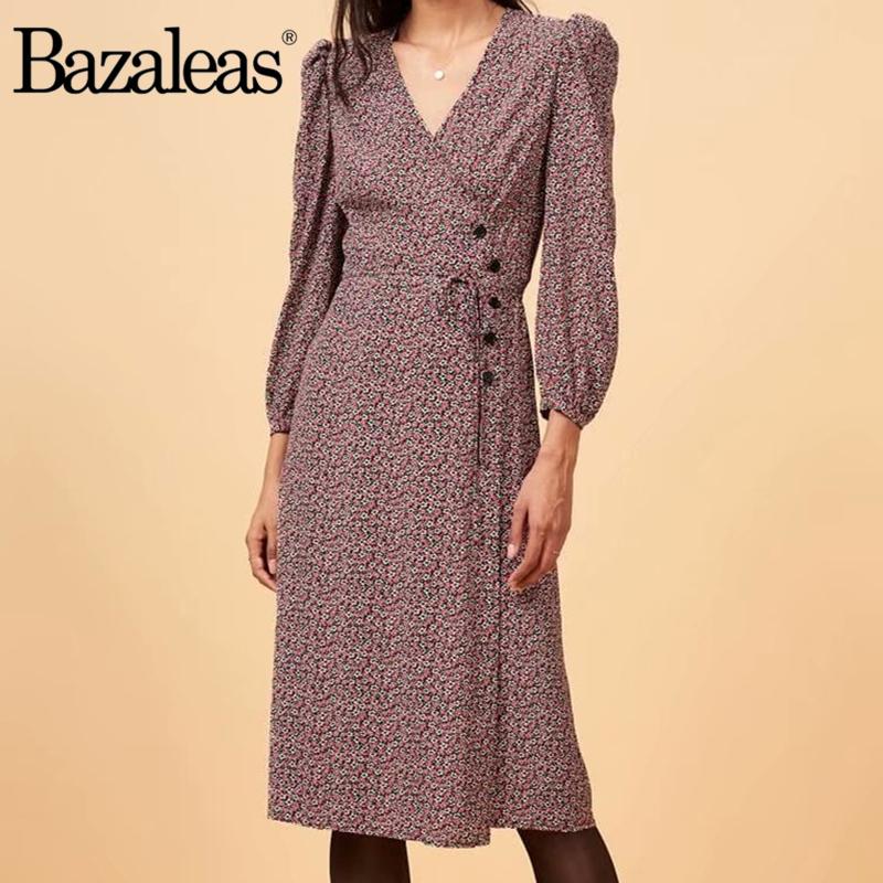 

Casual Dresses Bazaleas Fashion Fastening Tie Side Buttons Women Midi Dress France V Neck Vestido Vintage Gabin Wrap Drop, C95 red floral 1401