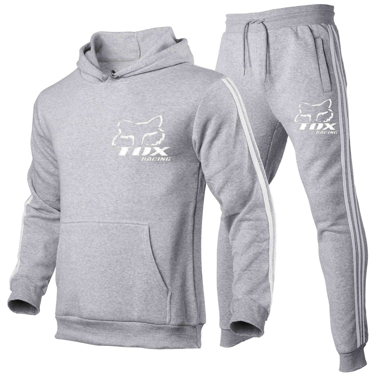 

Tracksuit Men's Sweater Hoodie Casual Wear Two Piece Fox Racing Printed, Gray