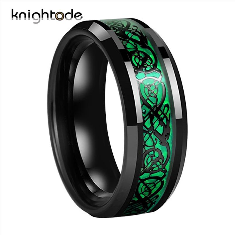 

Wedding Rings 8mm Black Tungsten Band For Men Women Dragon And Green Carbon Fiber Inlay Ring Beveled Edges Comfort Fit