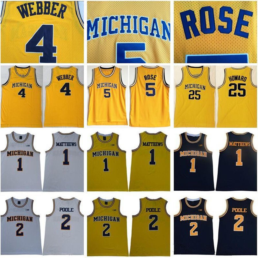

NCAA Michigan Wolverines 5 Jalen Rose Jersey 4 Chris Webber 25 Juwan Howard 1 Charles Matthews 2 Jorda Poole College Basketball Yellow Men white Jerseys 2021 Wear, Colour 1
