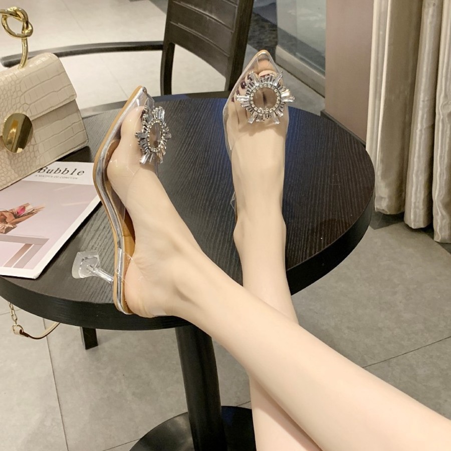 

Summer New Large Diamond Women's Thin Heel High Heels Transparent Film Fish Mouth Sandals YLEL, Black
