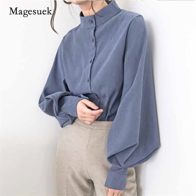 

Lantern Long Sleeve Women Shirts Fashion Blouse Shirt Solid Stand Collar Office  Tops and  2516 210518, Khaki