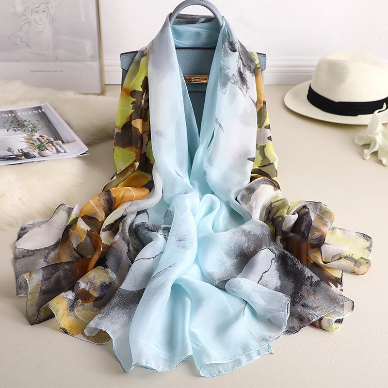 

Luxury Silk Women Beach Scarf 2021 Designer Oil Painting Scarves Lady Foulard Hijab Long Shawls Wraps, Blue;gray