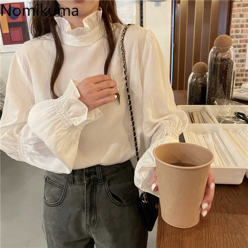 Nomikuma Ruffle Stand Neck Blouses Women Flare Sleeve Elegant Causal Shirt Spring New Pullover Blusas Mujer De Moda 6F285 210427