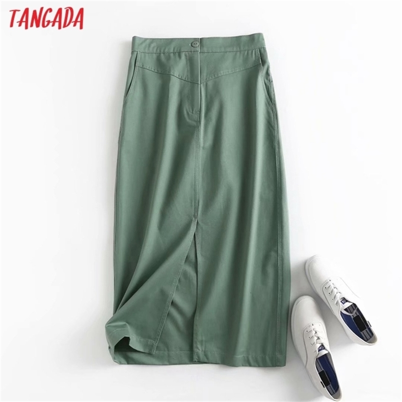 

Tangada Women Green Cotton Midi Skirt Faldas Mujer Vintage Zipper Office Ladies Elegant Chic Mid Calf Skirts 4C99 210702