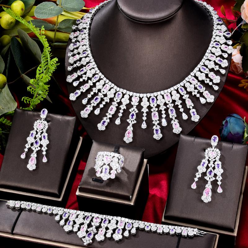 

Earrings & Necklace Missvikki Luxury Green 4PCS Bracelet Ring Sets For Women Wedding Naija Bridal Cubic Zirconia Dubai Jewelry Set, Silver