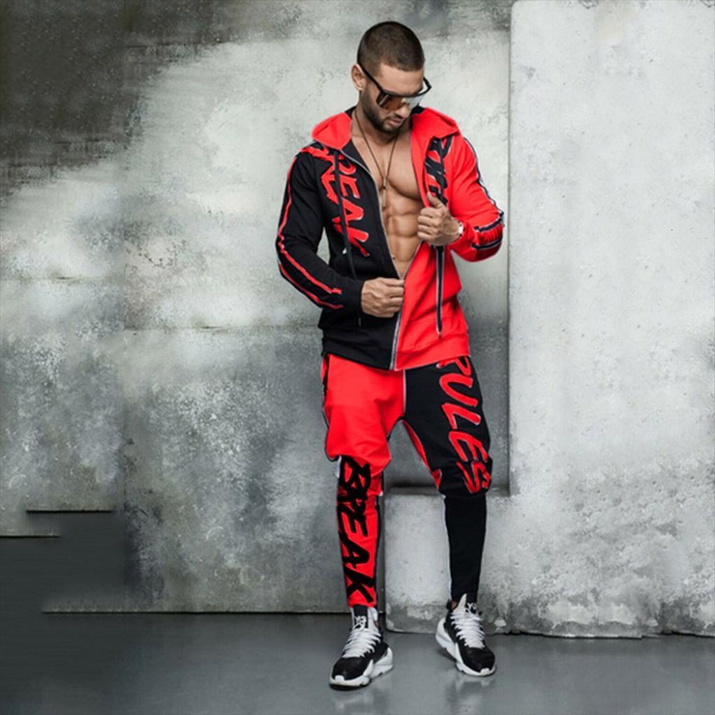 

spring and autumn fashion casual mens tracksuit with monochrome print hooded two piece slim hip hop zipper sport sets, Gray