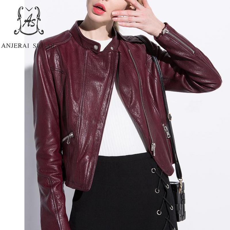 

Women's Leather & Faux Autumn Women Sheepskin Genuine Jacket Wine Red Stand Collar Motorcycle Slanted Zipper Short Real Jaqueta Couro Femini, Black