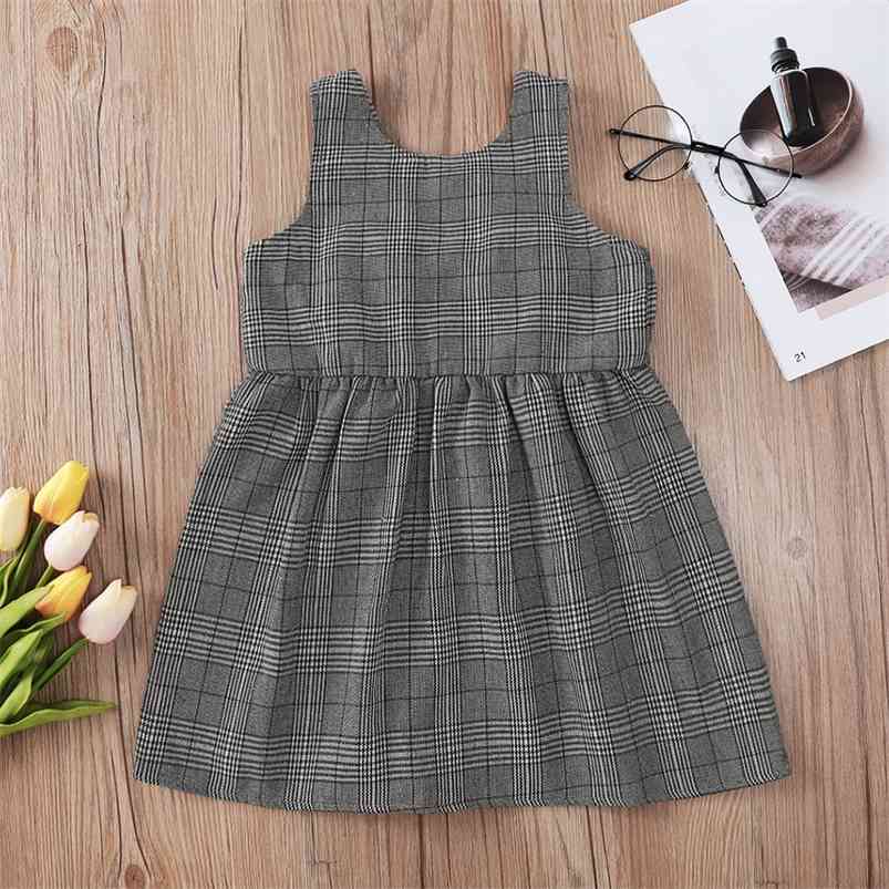 

Summer Girls Dress Cute Sleeveless O Neck Gray Plaid Vestidos 9M-6T 210629