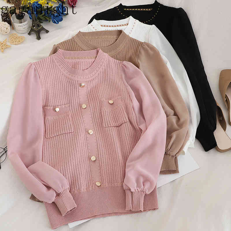 

Gaganight Elegant Chiffon Knitted Patchwork Women Blouse Chic Korean Fashion Button Pullover Shirt Female Short Blusas Slim Tops 210519, Pink