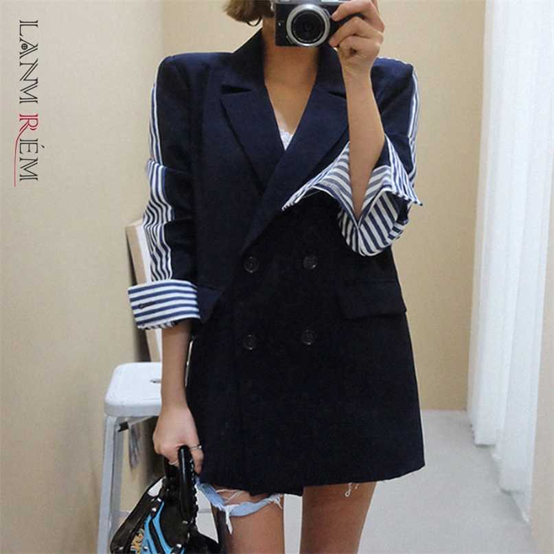 

LANMREM autumn Casual Fashion Women Loose Vintage Stitching Stripes Back Slit Long Sleeve BlazerTC806 211019, Blue