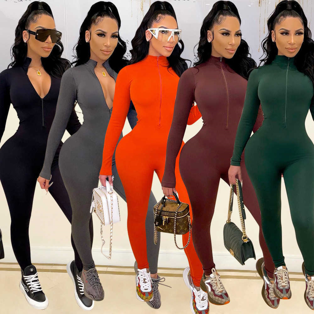 

Designers Women Clothes 2021 autumn and winter fashion sports leisure tight long sleeve conjoined pants jumpsuits amp rompers, Orange