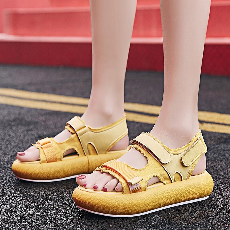 

Sandals Casual Hook And Loop Platform Women 2021 Comfortable Flat Heel Sport Sandalias Mujer Hollow Out Beach Shoes Woman, Yellow