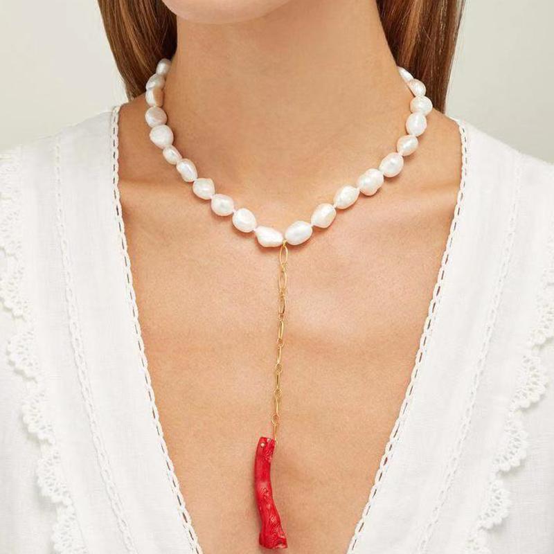 Pendant Necklaces Baroque Long Pearl Necklace Red Coral Ketting Luxury Trendy Accessories For Women Add Charm Choker Christmas Gift-image-708488202