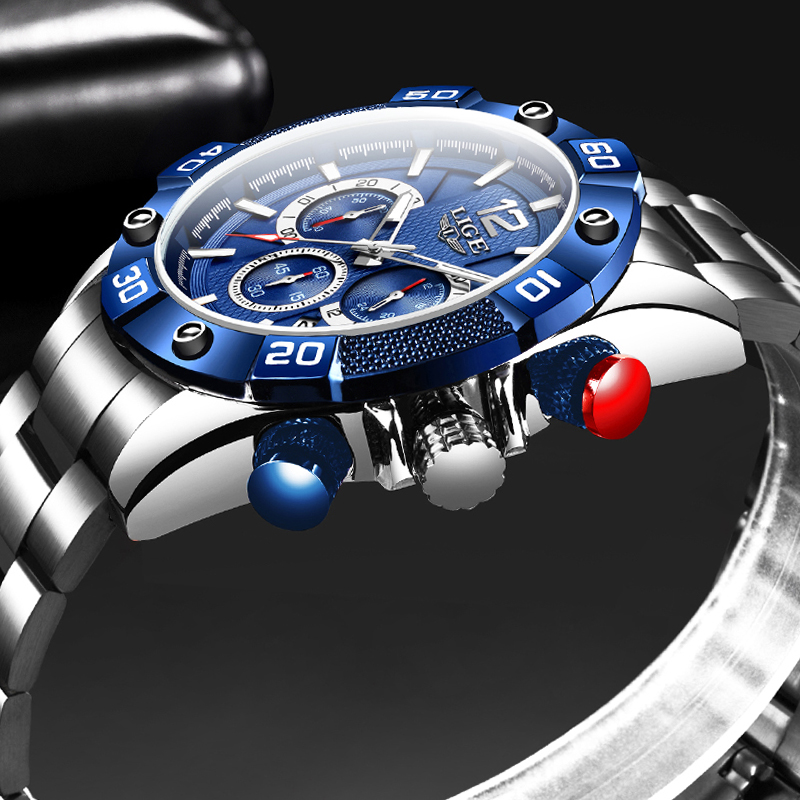 

New LIGE Stainless Steel Watches Mens Sports Waterproof Luminous Chronograph Top Brand Luxury Quartz Men Watch Relogio Masculinog, Blue rose blue