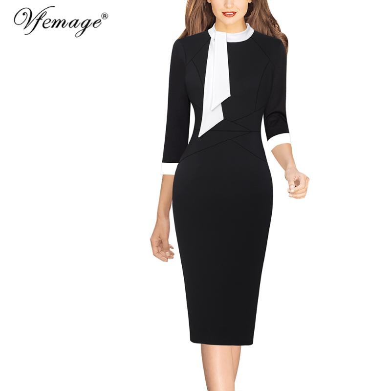 

Casual Dresses Vfemage Womens Elegant Colorblock Bow Tie Neck Slim Fitted Work Business Office Party Cocktail Bodycon Pencil Sheath Dress 81, Black