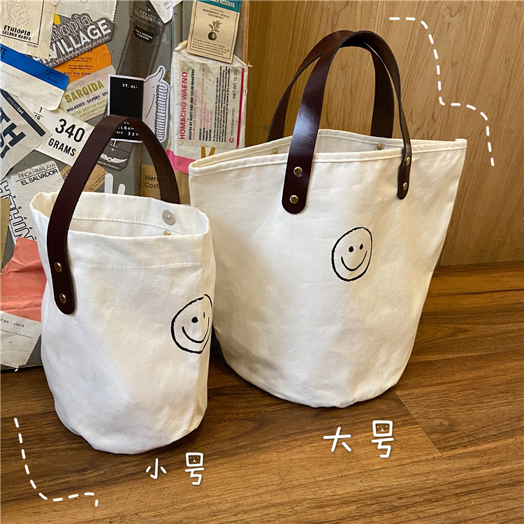 

Designer-Retro Dot Women Canvas Handbags Fashion Smiley Ladies Picnic Bucket Bag Reusable Cotton Portable Lunch Box Bags Purses