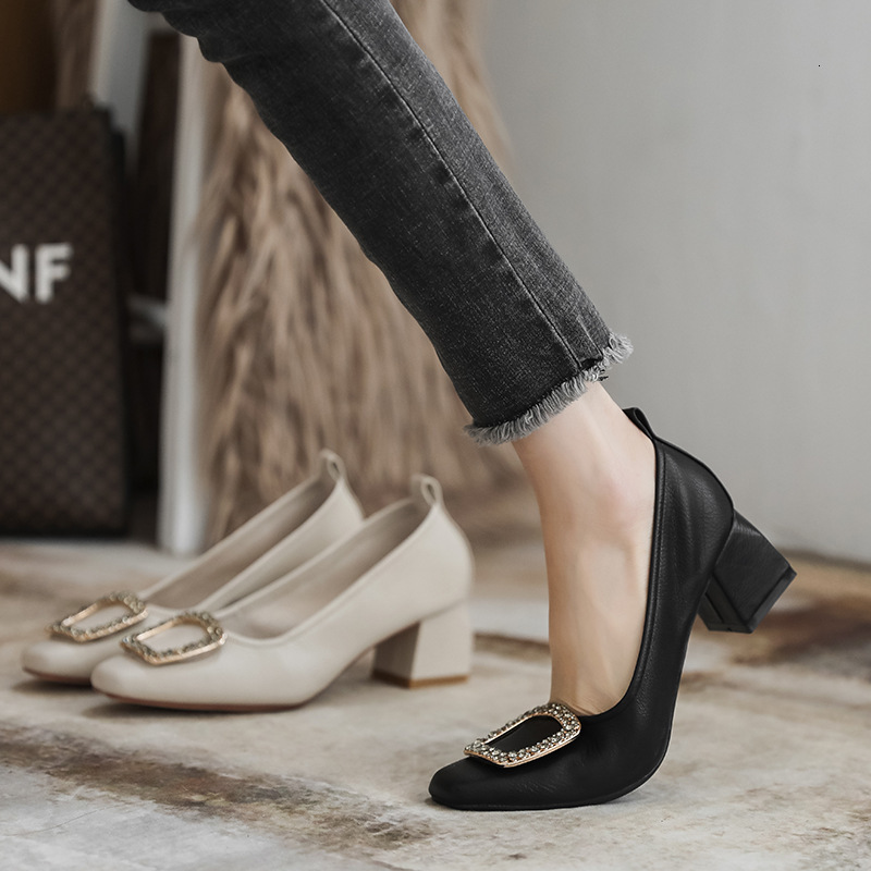 

Dress Shoes fashion single shoes casual soft shallow mouth granny women thick heel Korean leather 616-2 27J7, 1# shoe box