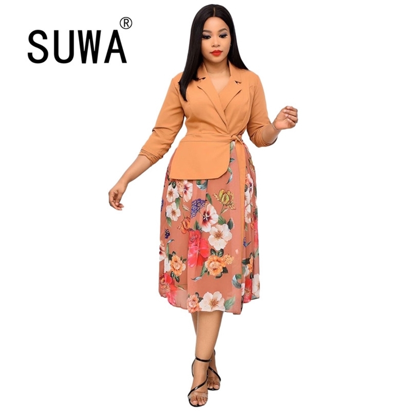 

Flower Print Patchwork Classic Fashion Women Office Dress Turn Collar Long Sleeve Elegant Lady Dresses Free 210525, Orange