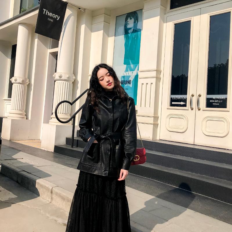 

Women' Leather & Faux Spring Autumn Loose Design Big Pocket Mid-Long Belt Long Sleeve Women Lady Pu Jacket, Black