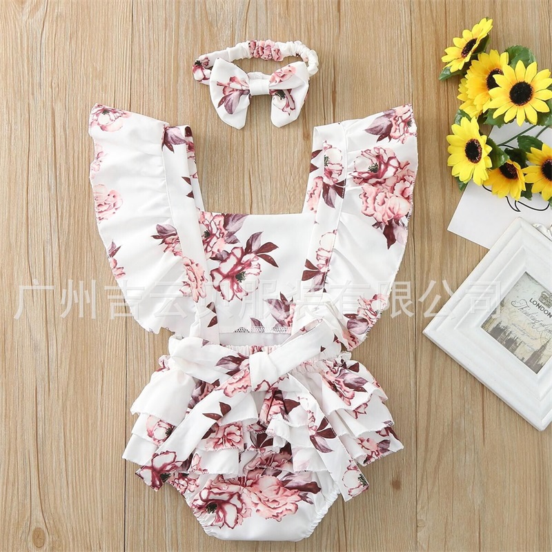 

2020 Baby Summer Clothing Infant Newborn Baby Girl Floral Romper Sleeveless Ruffled Jumpsuits With Headband 2601 Q2, White