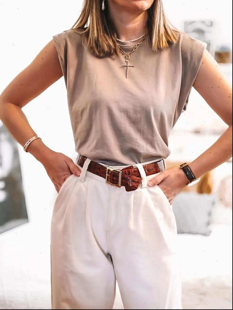 

women t shirt za fashion solid 95% cotton shoulder pad vintage o neck sleeveless casual girls streetwear, White