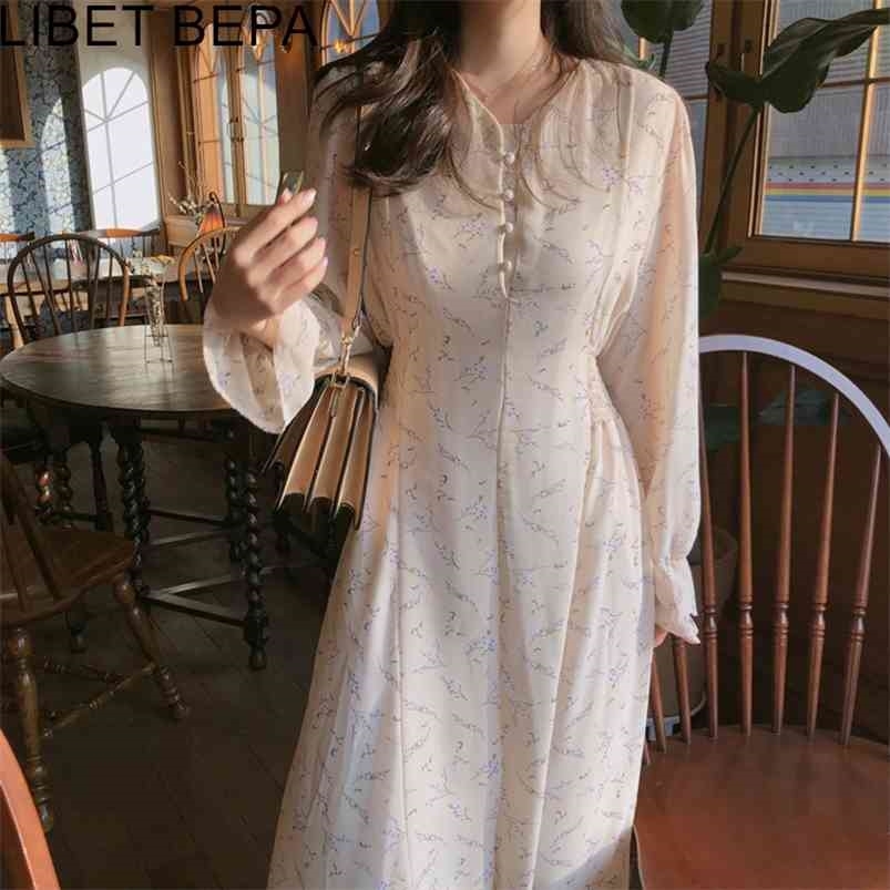

Spring Summer Women Dress Printed Floral Elegant Puff Sleeve V-Neck Elastic Waist High Female Chiffon Dresses DR1205 210701, Beige