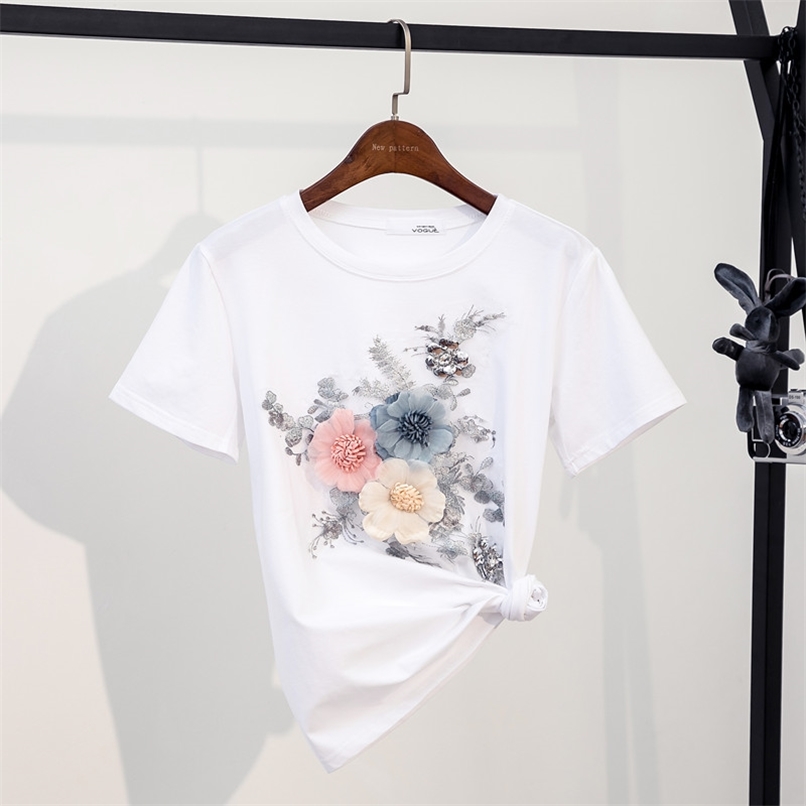 

Embroidery Appliques 3D Flowers Shirts Women Summer Fashion O Neck Short Sleeve Tops Korean Plus Size Tees 210602, White
