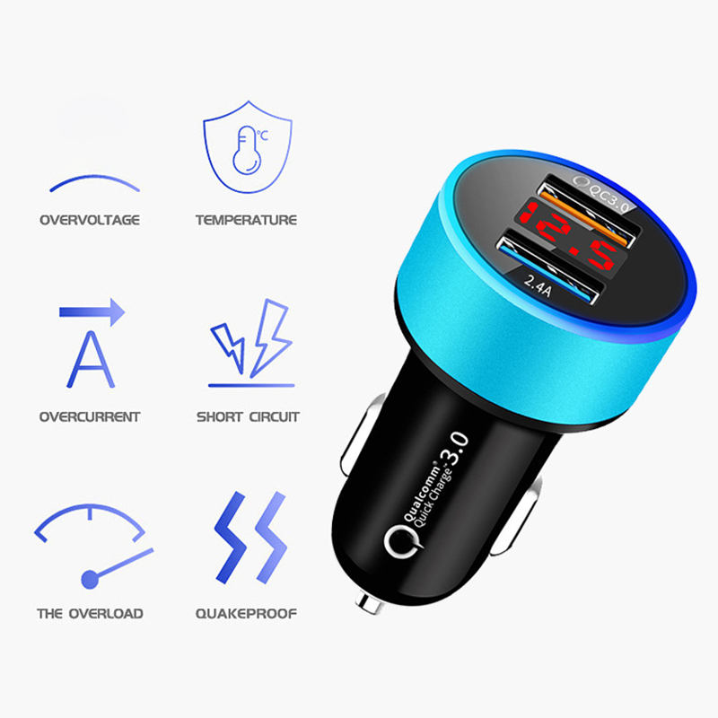 

Dual USB 3.1 QC3.0 Fast Charging Digital Display LED Car Chargers 5V 2.4A 2USB Ports Aluminum Universal 18W Power Adapter Charger, Black