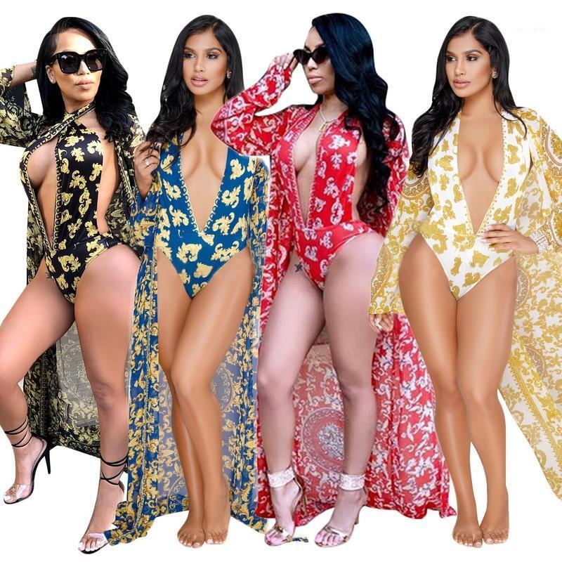 

Backless Sexy One Piece Swimsuit + Beach Coverups For Woman Printed Swimming Bathing Suits Women' Beachwear Cover Ups Swimwear, Red