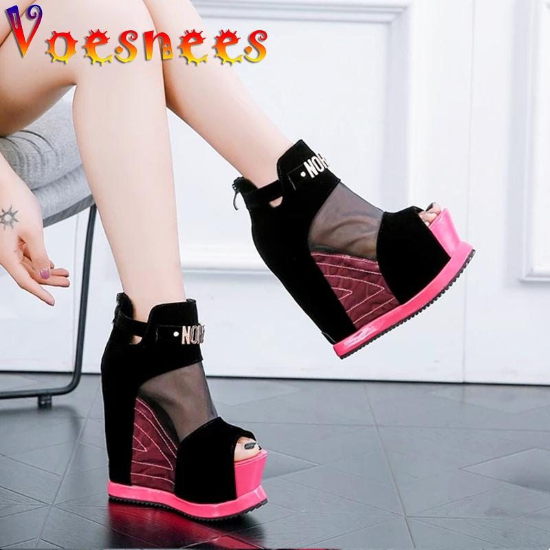 

Boots 2021 Shoe Wedge Female Flock Ankle ZIP Thick Bottom Peep Toe Women Shoes Mesh Sexy Hollow High Slope Summer Ladies, Black