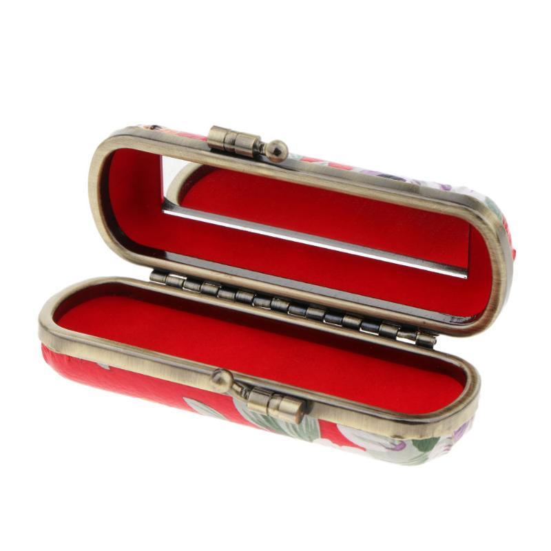 

Cosmetic Bags & Cases Leather Lipstick Box Case With Mirror And Snap Button Closure Retro Floral Pattern, Beige