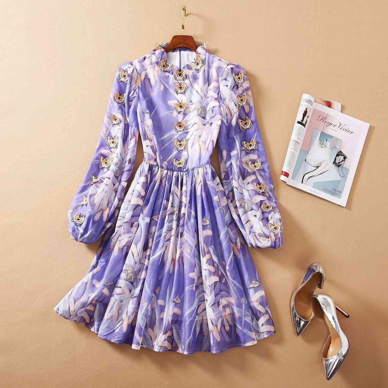 ZIM Australia spring retro style stand-up collar three-dimensional butterfly embroidered lantern sleeves-image-678783673