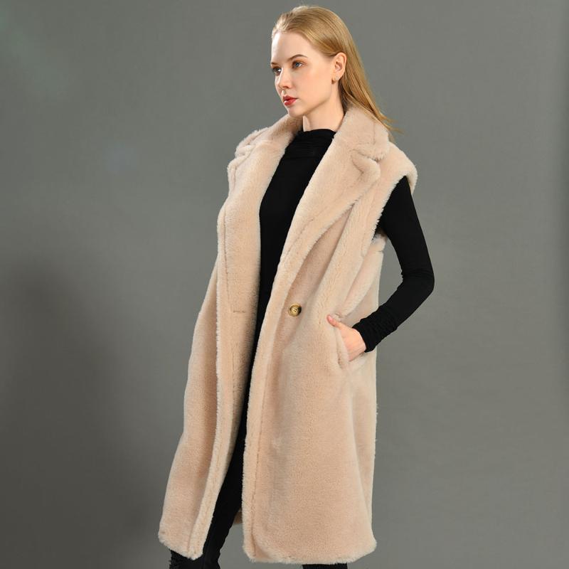 

Women's Fur & Faux Teddy Gilet Long Bear Jacket Lapel Real Wool Outerwear Female Sheep Vest Women Thicken Oversize Coat, Black